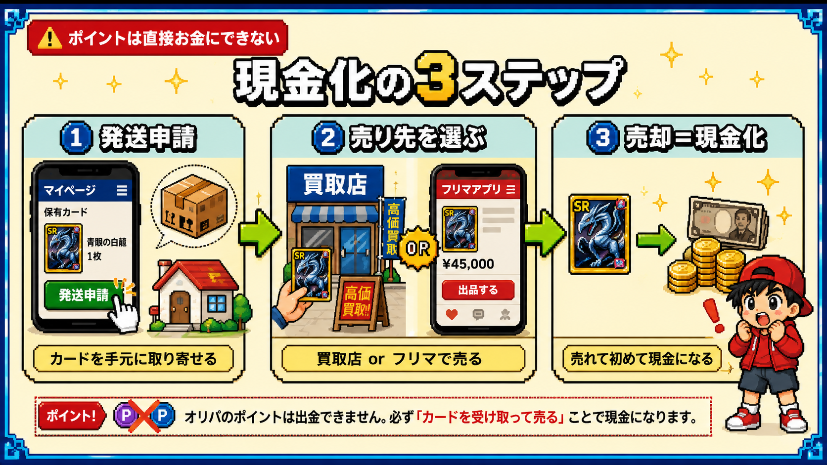 レアカードを握りしめて驚喜するオリタ
