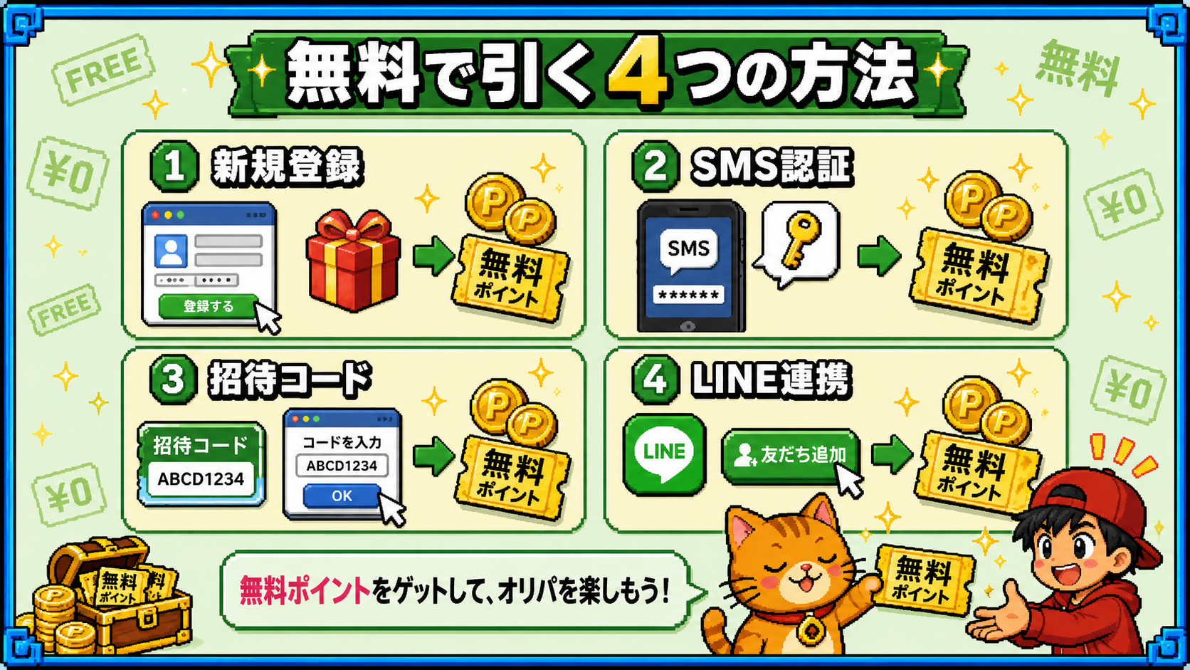 無料チケットを配るニャロパと受け取るオリタ