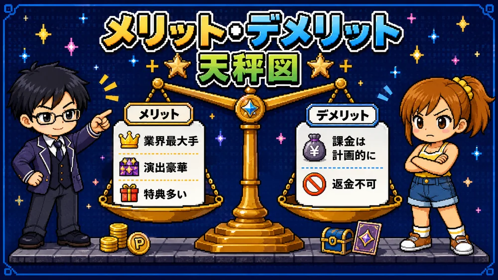 DOPA!のメリットとデメリットを天秤で比較する図