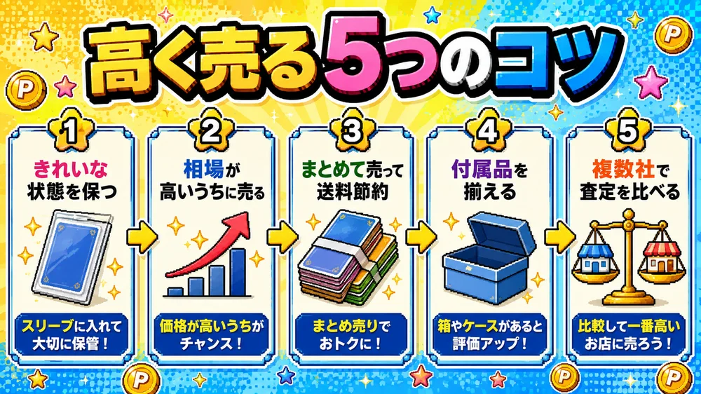 ポケカを高く売る5つのコツ図。きれいな状態を保つ・相場が高いうちに売る・まとめて売って送料節約・付属品を揃える・複数社で査定を比べる