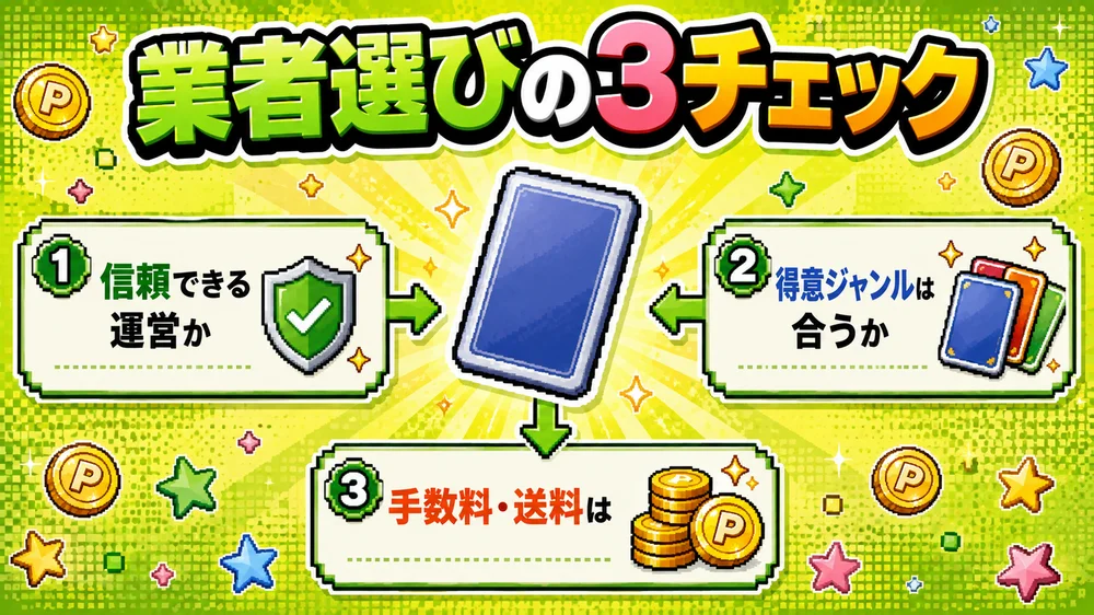 買取業者選びの3チェック図。信頼できる運営か・得意ジャンルは合うか・手数料と送料はどうか