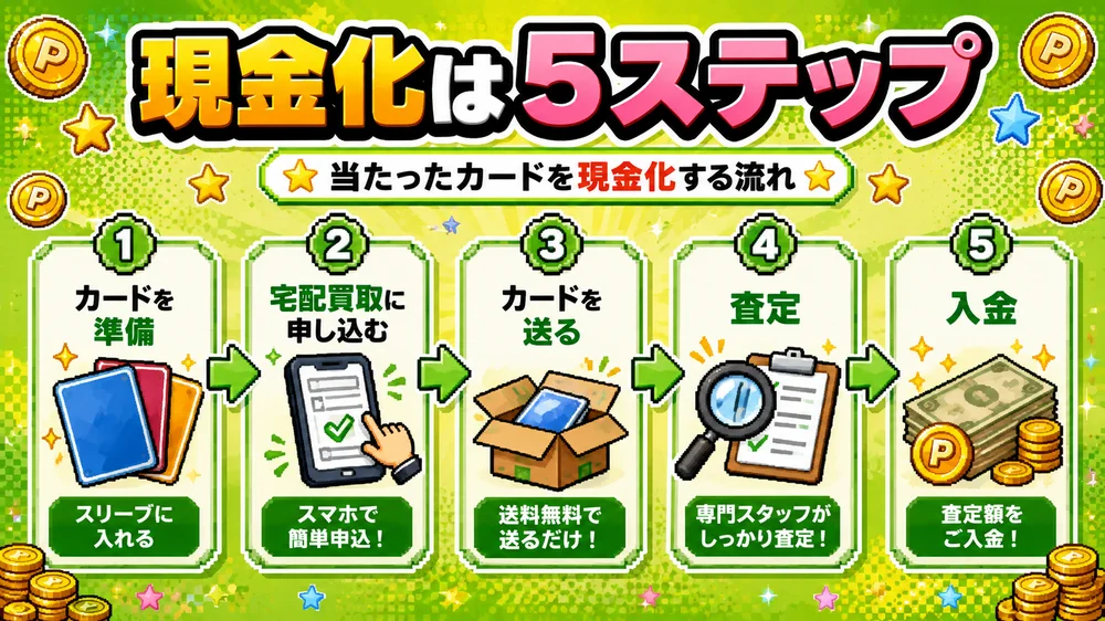 当たったカードを現金化する5ステップの流れ図。準備→宅配買取に申し込む→カードを送る→査定→入金