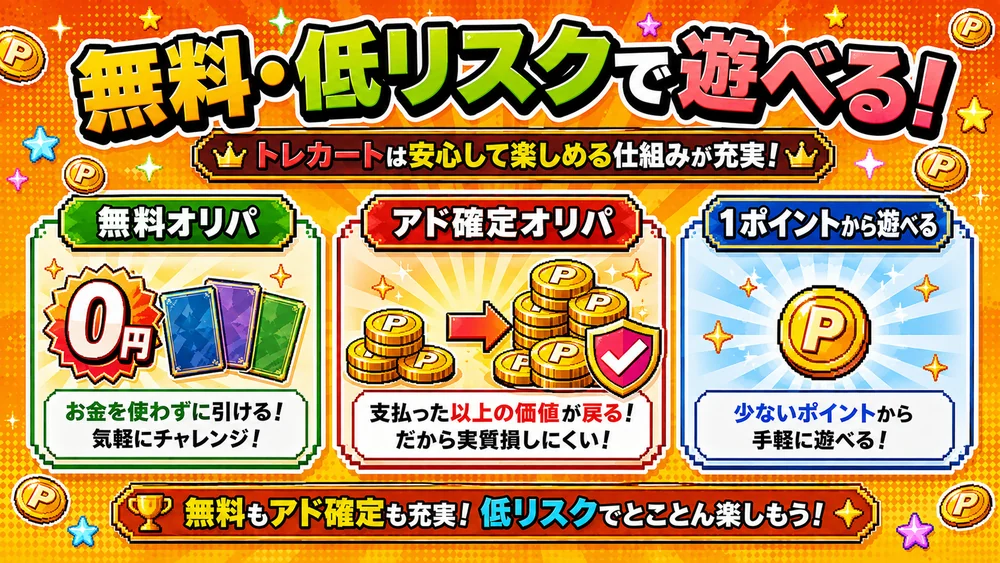 トレカートは無料オリパやアド確定オリパが充実し、1ポイントから低リスクで遊べる